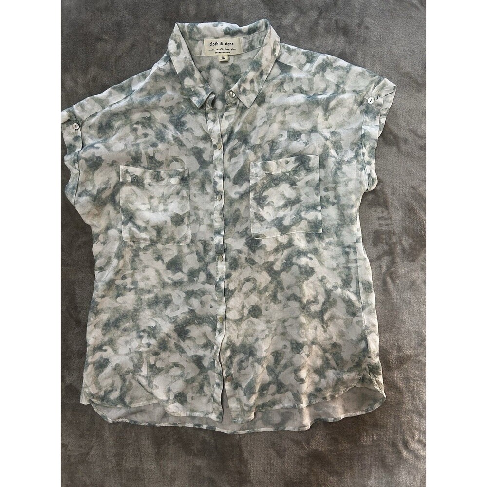 Cloth & Stone Anthropologie Blouse Womens Large Green Gray Button Up Roll Tab